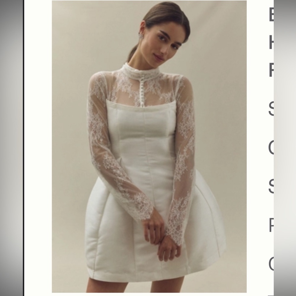 BHLDN LONG-SLEEVE HIGH-NECK LACE FIT & FLARE MINI DRESS size 8 NWT